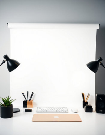 Modern workspace with blank white screen. Mock up, 3D Renderingの写真素材