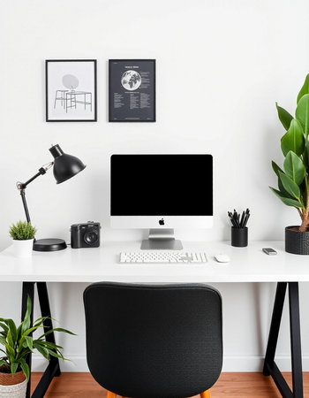 Workplace with computer, stationery and decorations on white wall background