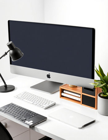 Modern workspace with computer, keyboard, lamp and other items. Mock up