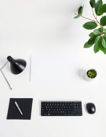 White office desk table with blank paper, computer keyboard, mouse and plant. Flat lay, top viewの写真素材