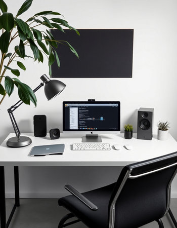 workplace with computer on white table and black chair in modern officeの写真素材
