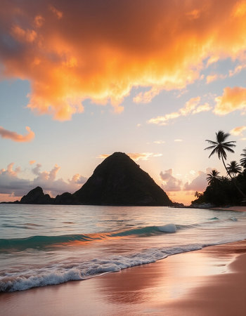 Tropical beach at sunset with a view of the mountains and palm treesの写真素材
