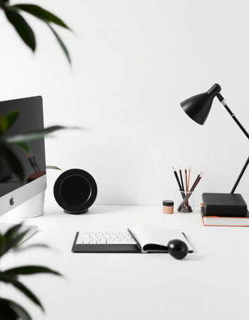 Modern workplace with computer, stationery and plant. 3d renderの写真素材