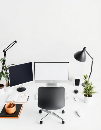 workplace with computer, lamp and other objects, 3d renderの写真素材