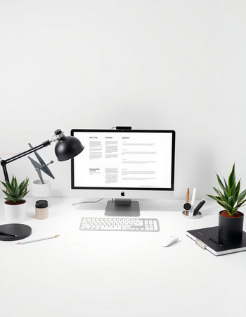 workplace with computer, stationery and plant.