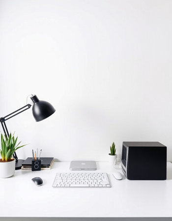 Modern workspace with computer, lamp, coffee cup and plant. Mock up, 3D Rendering
