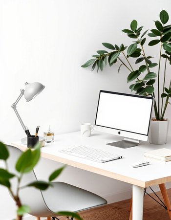 Modern workspace with computer, coffee cup and plant. Mock up, 3D Rendering