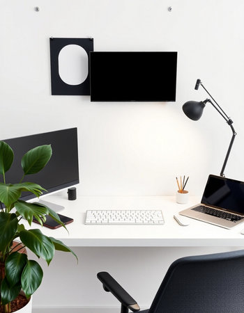 workplace with computer, lamp and plant. 3d rendering.