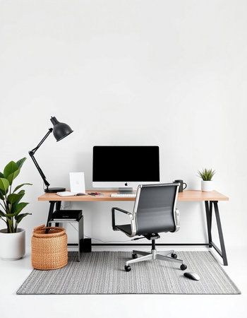 Workplace with computer, lamp and plant on the floor. 3d rendering