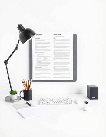 Workplace with computer, lamp, stationery and notebook on white backgroundの写真素材