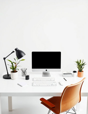 workplace with computer, lamp and plant on white background, 3d render