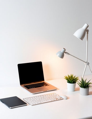 Laptop with blank screen on white table in office, stock photo