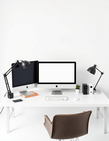 Modern workspace with computer, lamp and coffee cup. 3d renderingの写真素材
