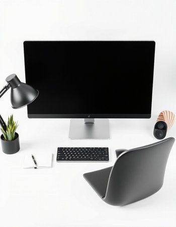 Modern workspace with computer, lamp and other objects. 3D Renderingの写真素材