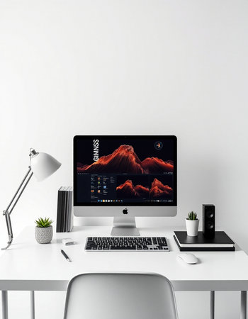 Modern designer desktop with computer, smartphone and supplies. 3d rendering.の写真素材