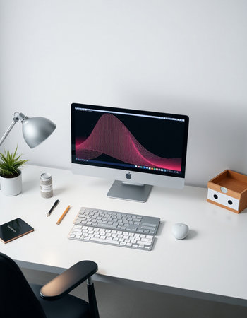 workplace with computer monitor and keyboardの写真素材