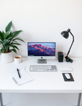Creative workspace with computer, keyboard, mouse, notebook and coffee cupの写真素材
