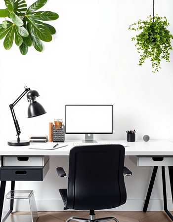 Minimalistic office interior with computer, plant and other items. 3D Renderingの写真素材