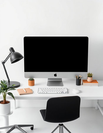 workplace with computer, lamp and office supplies. 3d renderingの写真素材