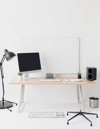 Minimalistic workplace with a computer, keyboard, mouse, coffee cup and other items. 3d rendering...