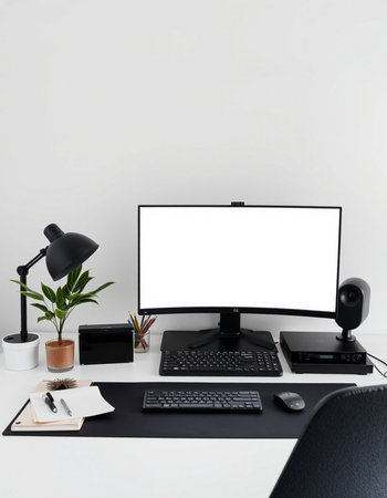workplace with computer and blank screen on white table in modern office
