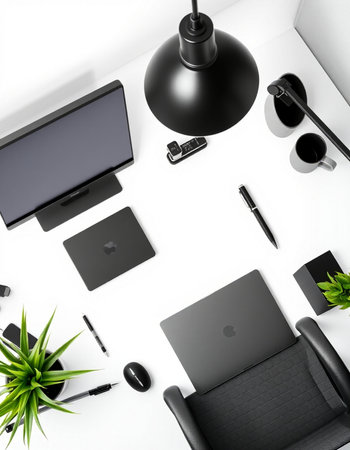 Top view of modern office workplace with various objects. 3d renderの写真素材