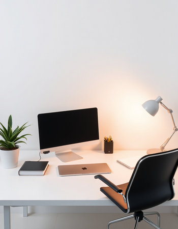 workplace with computer, tablet, lamp and plant in modern office