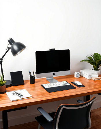 workplace with computer, keyboard, mouse, lamp and stationery