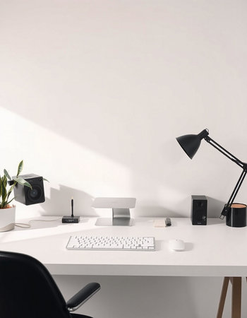 workplace with computer, lamp and other objects, 3d renderの写真素材