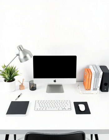 workplace with computer and stationery on white table. 3d rendering