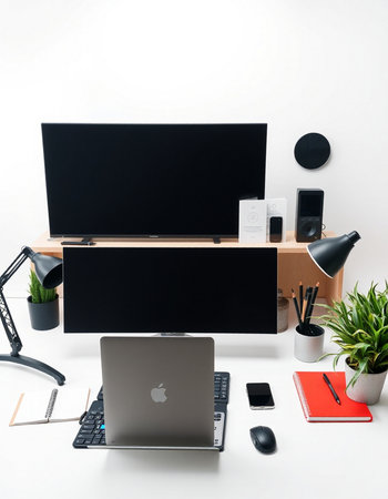 Modern workspace with laptop, tablet, smartphone and stationery on white background