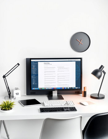 workplace with computer, lamp, stationery and clock on the wall