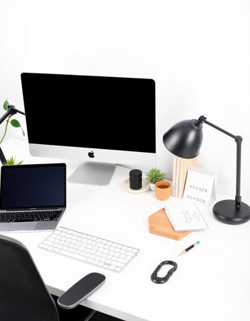 workplace with computer, keyboard, mouse, lamp and notebook on white background