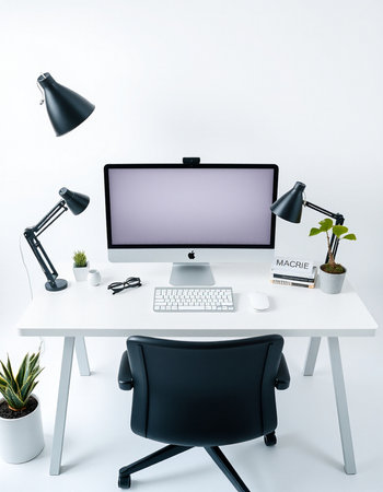 workplace with computer, lamp and plant on white background. 3d rendering
