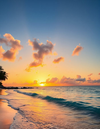 Beautiful sunset on the beach in Seychelles - nature backgroundの写真素材