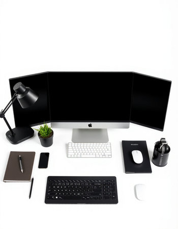 Computer monitor, keyboard, mouse, graphic tablet, coffee cup, pen and mouse on white background