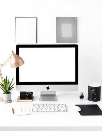 Modern workspace with computer, supplies and decorations on white wall. Mock up