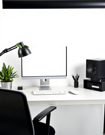 Modern workplace with computer, keyboard, mouse, stationery, lamp and plant on white background