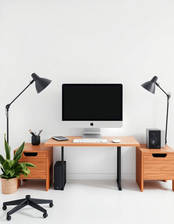 workplace with computer, lamp and plant on a white wall backgroundの写真素材