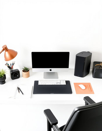 Modern workspace with computer, stationery and office supplies. Mock upの写真素材