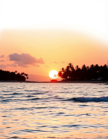 Beautiful sunset over the sea with palm trees. Beautiful landscape.の写真素材