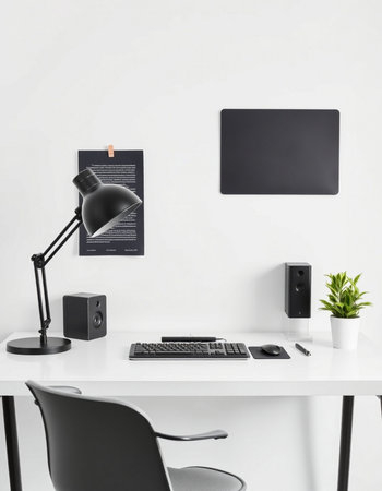 Workplace with modern computer, lamp and plant on table in office