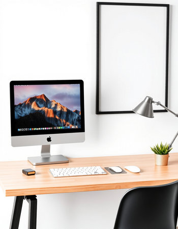 workplace with computer, lamp and picture frame. 3d rendering