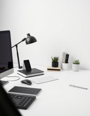 Office desk table with computer, supplies and coffee cup on white background