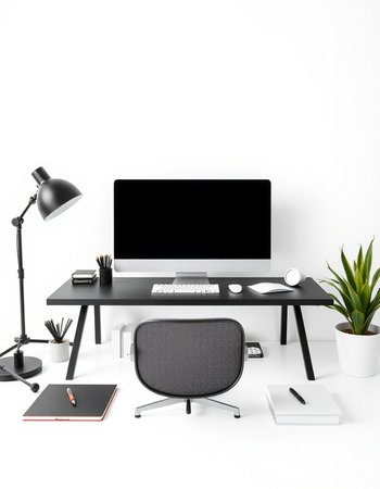 workplace with computer, lamp and other objects on white background. 3d rendering