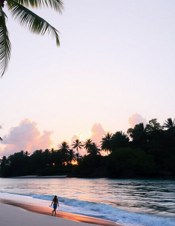 Silhouette of a woman walking on the beach at sunset.