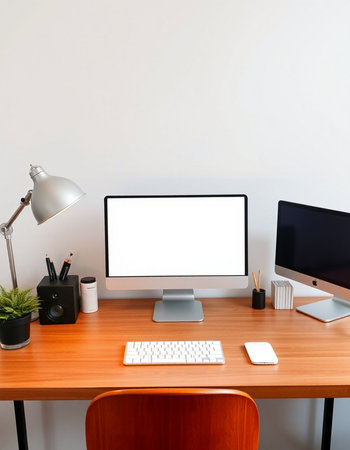 workplace with computer, mouse, keyboard and coffee cup on table