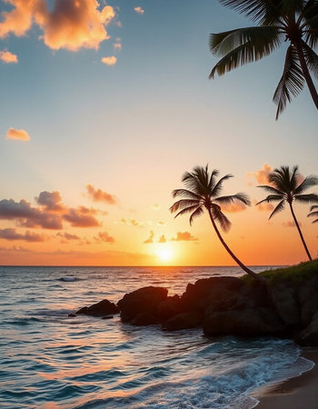 Tropical beach with palm trees at beautiful sunset. Nature background