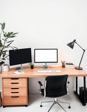 workplace with computer, keyboard, mouse, lamp and other itemsの写真素材