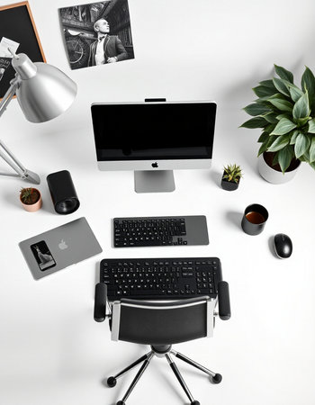 Modern workplace with computer on white background. Flat lay, top viewの写真素材